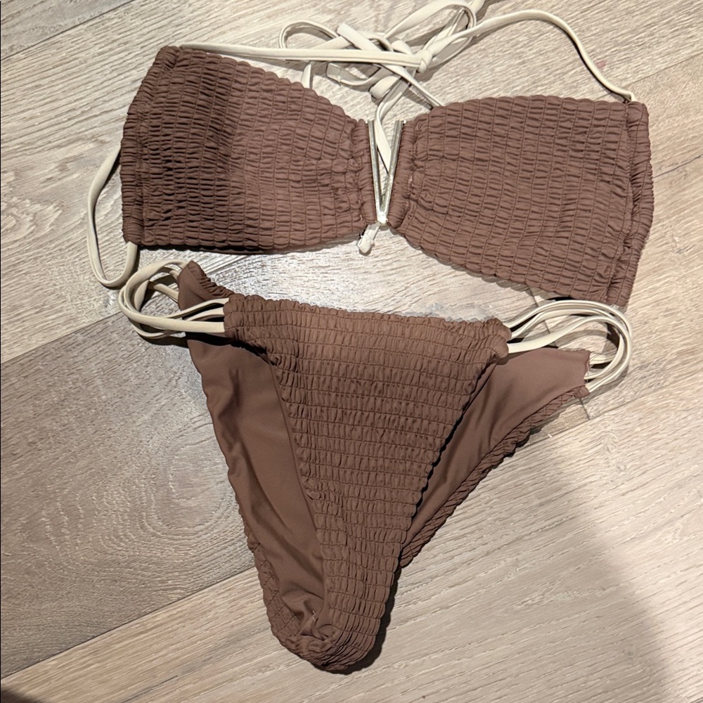 Women’s Smocked Brown Bikini Set with Beige Straps